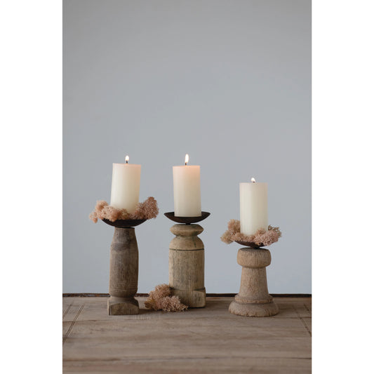 Hand-Carved Candle Holder w/ Metal Plate